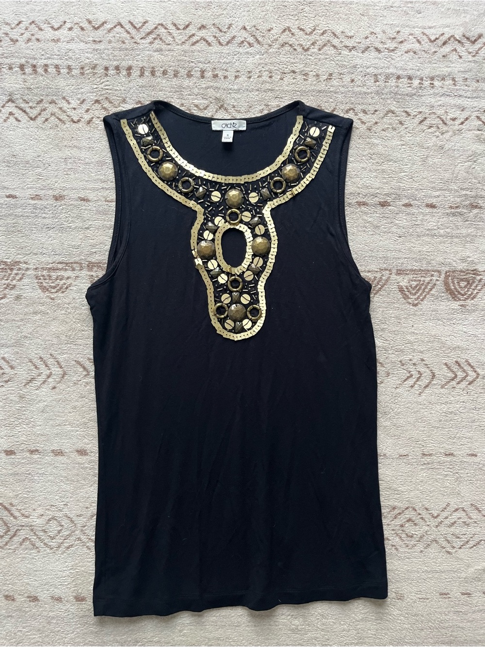 Cache Black Tank Top with Gold Beaded Neckline